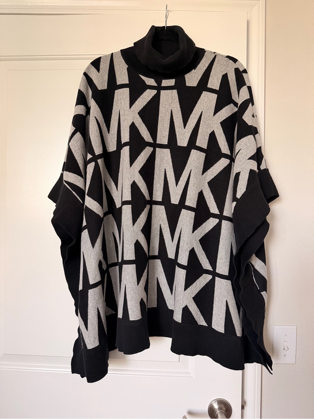 Michael Kors Black & Ivory MK Logo Turtleneck Poncho Sweater